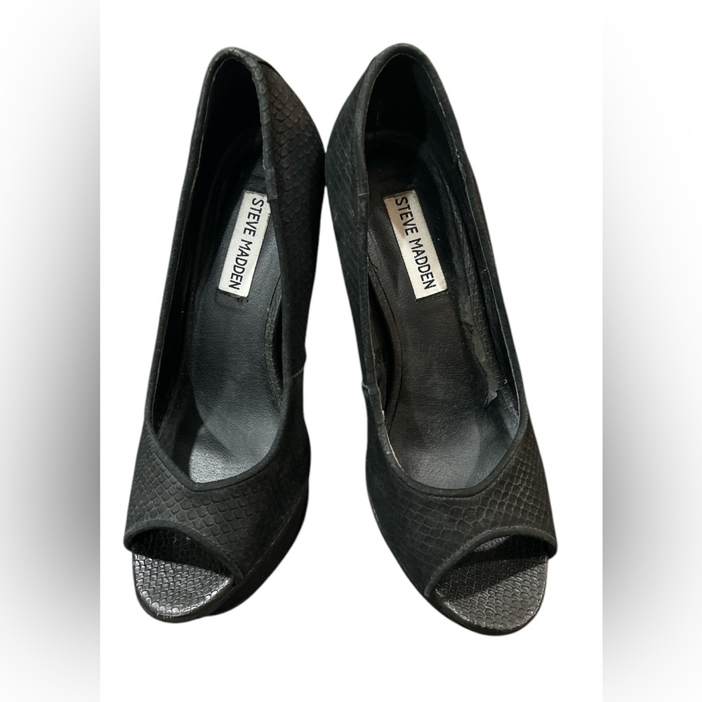 Steve Madden ALIAS Black Taupe Open Peep Toe 6”Heels. Size 8. EUC